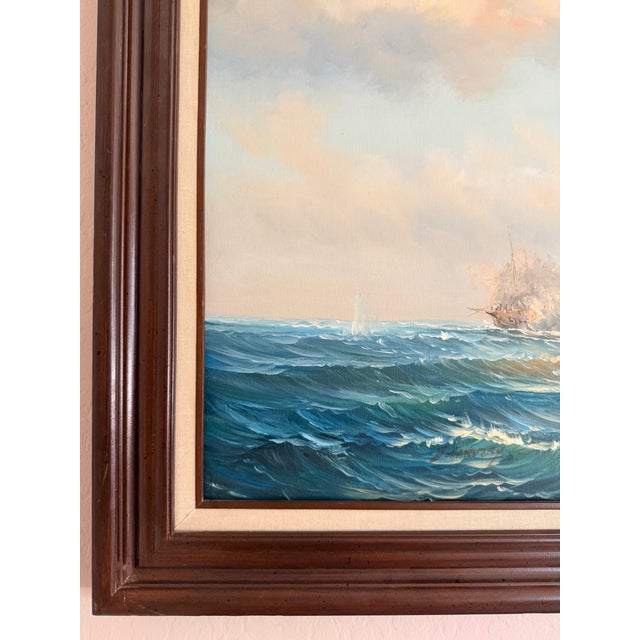 1950s 1950s J. Harvey Naval Battle Maritime Oil on Canvas Painting For Sale - Image 5 of 12