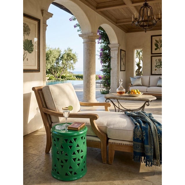 2000 - 2009 Vintage Moroccan Emerald Green Pierced Ceramic Garden Stool & Lantern For Sale - Image 5 of 10