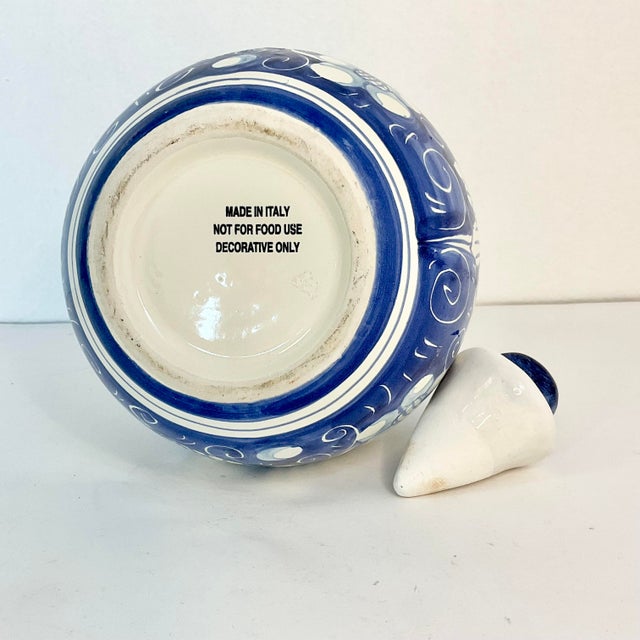 1980s Vintage Italian Ceramic Hand-Painted Blue and White Decorative Decanter. For Sale - Image 5 of 7