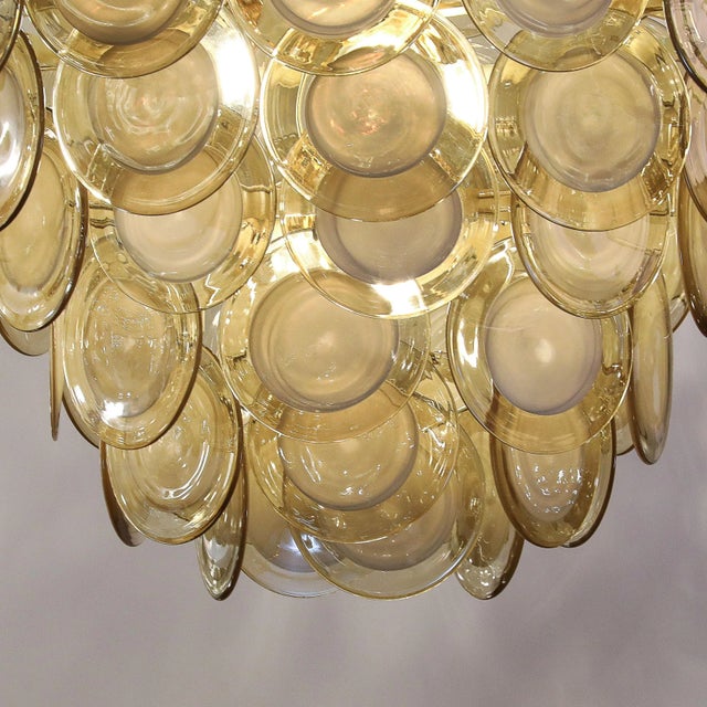 Modernist 10-Tier Handblown Topaz Murano Glass Disc Chandelier W/ Brass Fittings For Sale - Image 13 of 17