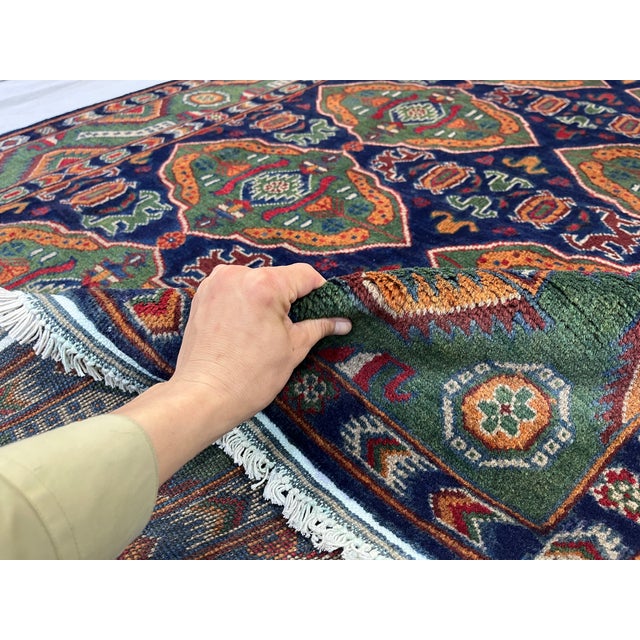 Green & Navy Blue Geometric Tribal Wool Area Rug, 5' X 6'7" For Sale - Image 10 of 16
