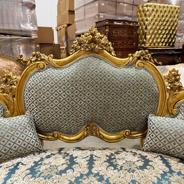2020s French Style Blue Damask Sofa With Gold Leaf Details For Sale - Image 5 of 5