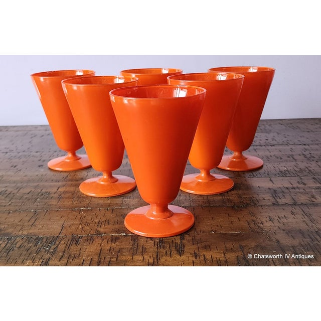 Anchor Hocking Set 6 Antique Anchor Hocking Fire King Rainbow Tangerine Footed Iced Tea Cups, 1940s For Sale - Image 4 of 6