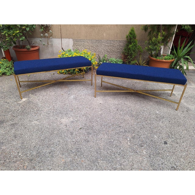 Mid-Century Modern Benches in Brass and Electric Blue Fabric, 1990s, Set of 2 For Sale - Image 3 of 16