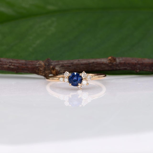 Ceylon Blue Sapphire Ring With Earth-Mined Diamond Accents in Solid 14k Gold, Size 6.75 For Sale In Columbus - Image 6 of 10