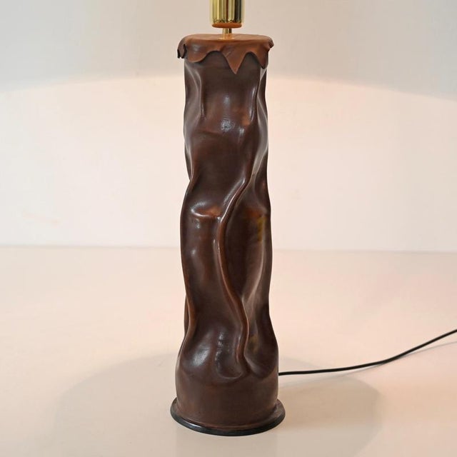Metal Large Italian Sculptural Table Lamp in Curved Leather and Parchment, 1970s For Sale - Image 7 of 15
