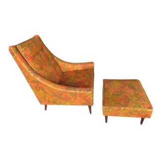 Selig Mid-Century Orange Retro Lounge Chair With Ottoman Foot Stool For Sale