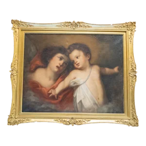 19th Century Old Master Baroque Style Oil Painting of Putti or Christ Child With Angel