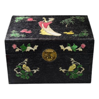 Rosewood Hardwood Jewelry Box, Brass Hardware, Green Cabochon Inlay, Portable Treasure Chest For Sale