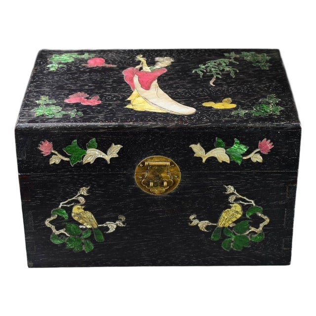 Rosewood Hardwood Jewelry Box, Brass Hardware, Green Cabochon Inlay, Portable Treasure Chest For Sale