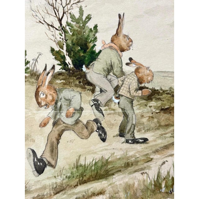 Modern Heinz Geilfuß, The Hares Observe the Hunting Elite, Watercolor on Paper For Sale - Image 3 of 9