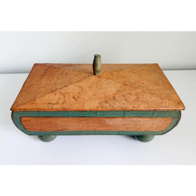 Green Vintage Goat Leather Wrapped Folk Art Box For Sale - Image 8 of 11
