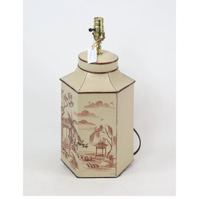 Vintage English Export Tea Caddy Hand-Painted Colored Chinoiserie Table Lamp.retro Hexagon Lamp For Sale - Image 4 of 8