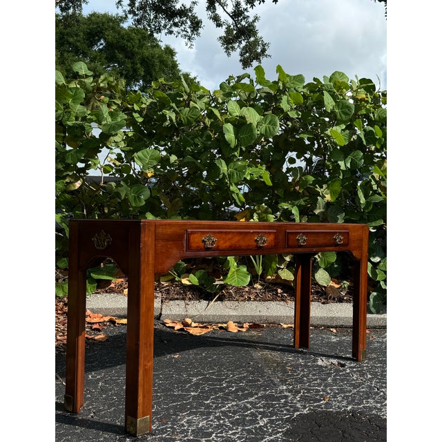 Wood Vintage Pennsylvania House Mahogany Console Sofa Table With Inlaid Top & Three Drawers For Sale - Image 7 of 7