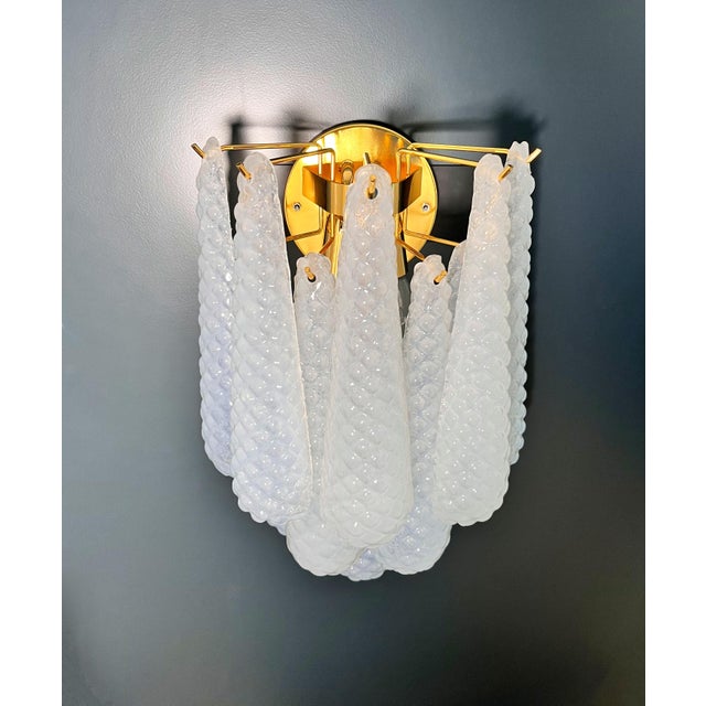 Mid-Century Modern Vintage Opaline Glass Petals Drop Wall Sconces, 1990, Set of 2 For Sale - Image 3 of 18