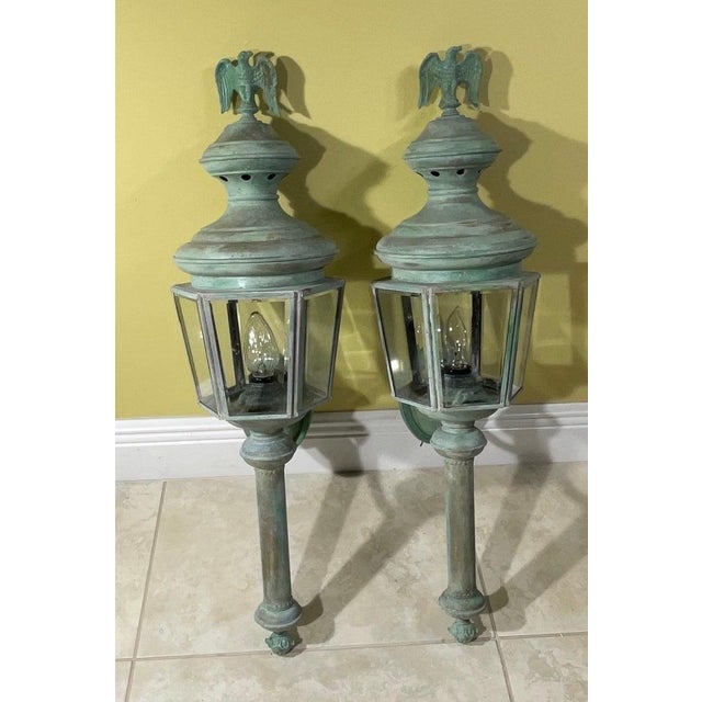 Magnificent Pair of Vintage Solid Brass Eagle-Topped Wall Lanterns For Sale - Image 10 of 17