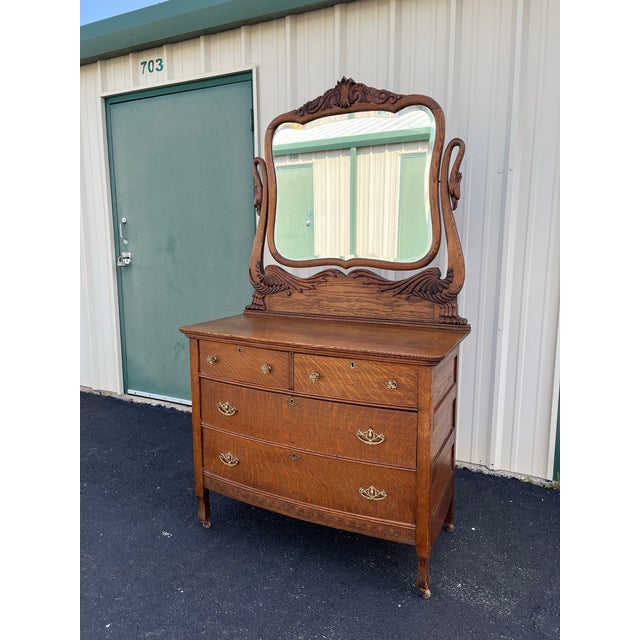 Early 20th Century Early American Tiger Oak Dresser With Carved Swan Mirror For Sale - Image 5 of 12