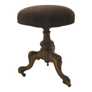 Carved Walnut Piano Stool Upholstered Seat For Sale