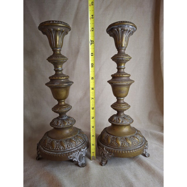 Rococo Antique Warsaw Brass Shabbat Candlesticks, 14" Polish Sabbath 19th Century Pair For Sale - Image 3 of 16