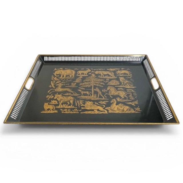 Atelier Fornasetti Black & Gold Tole Tray – Hollywood Regency Hunt Scene, Fornasetti Style, Large Decorative Tray For Sale - Image 4 of 10
