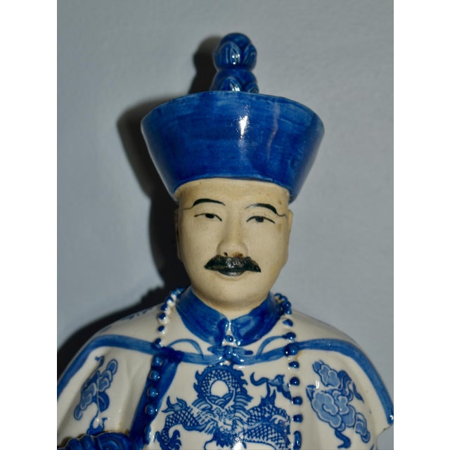 Vintage Blue & White Porcelain Qing Emperor Statue For Sale - Image 4 of 12