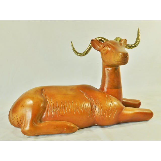 Large Vintage Mid Century Carved Wood Antelope Sculpture With Brass Horns For Sale - Image 10 of 10