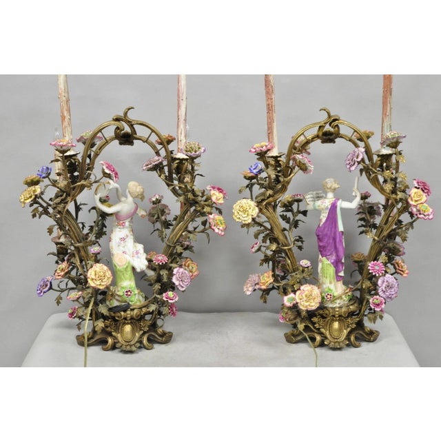 Late 20th Century French Louis XV Repro Bronze & Porcelain Candelabra Lamps by United Wilson, Pair For Sale - Image 18 of 18