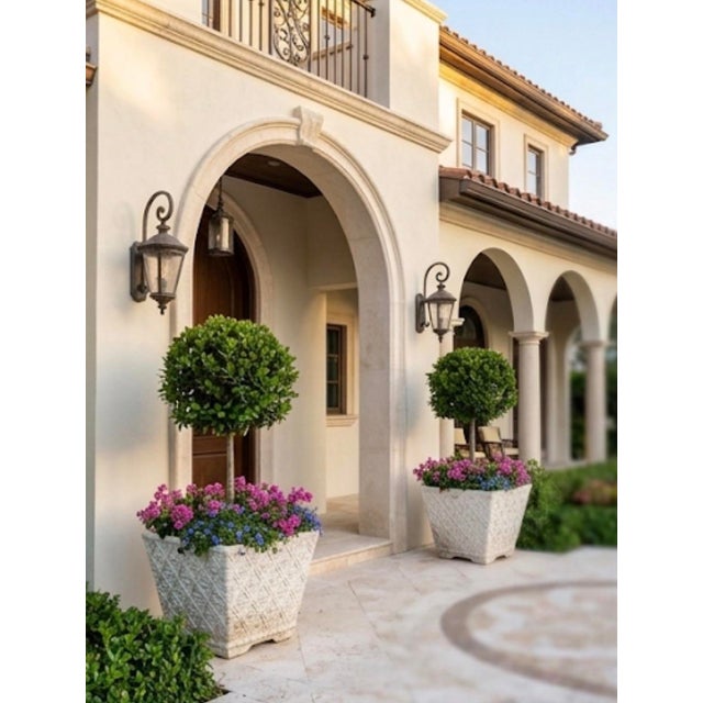 Stone Vintage Pair of Square Lattice Cast Stone Planters For Sale - Image 7 of 12