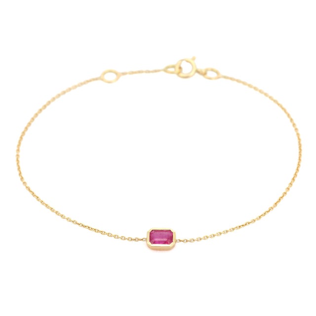 Not Yet Made - Made To Order Delicate 14k Gold Chain Bracelet With Bezel Set Octagon Ruby Birthstone For Sale - Image 5 of 13