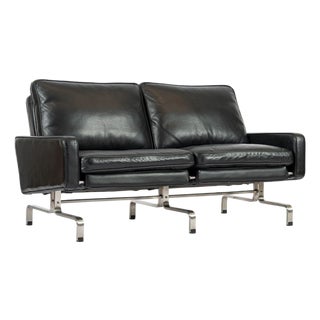 Vintage Postmodern Black Leather & Brushed Steel Loveseat Sofa, 1980s For Sale