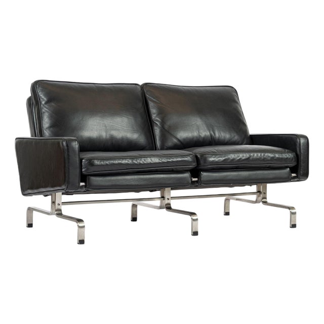 Vintage Postmodern Black Leather & Brushed Steel Loveseat Sofa, 1980s For Sale