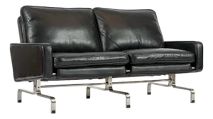 Vintage Postmodern Black Leather & Brushed Steel Loveseat Sofa, 1980s