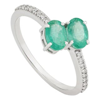 Toi Et Moi 1ct Oval Emerald & Diamond Bypass Ring in 14k White Gold Size 5.5 For Sale
