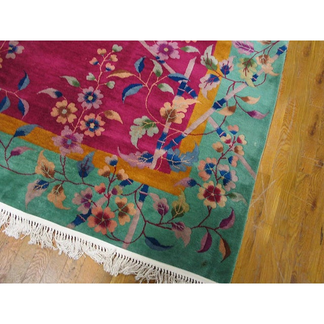 1920s Pink Dark Floral Antique Chinese Art Deco Rug 9' X 11'6" Handknotted Wool Carpet For Sale - Image 4 of 5