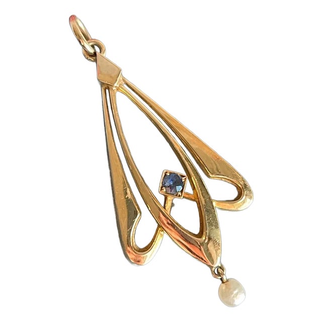 Antique Art Nouveau Pendant, Sapphire & Pearl Drop , C. 1910 For Sale