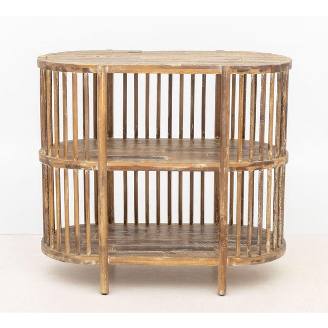 Modern Style Two-Tier Wood Console Table, grey-washed wood with openwork rod exterior and two shelves. 32.25" H x 36" W x...