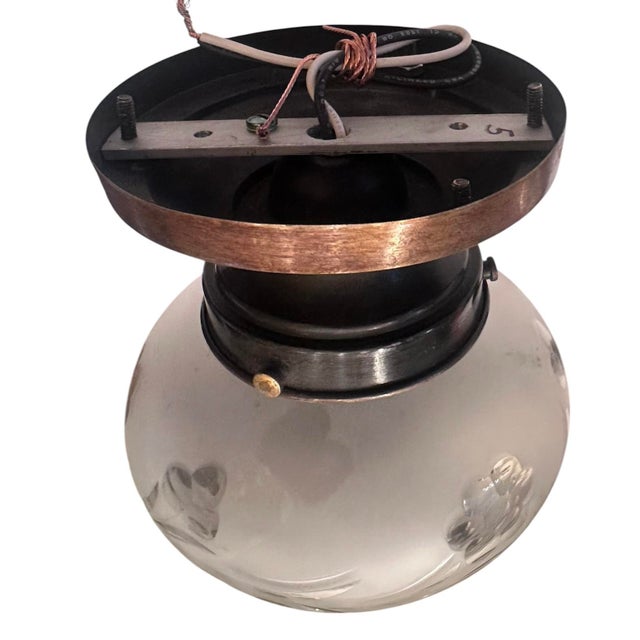 Starburst Leaves and Berries Wheel Cut Frosted Glass Flushmount on Old Painted Brass Holder, Circa 1920 For Sale - Image 4 of 4