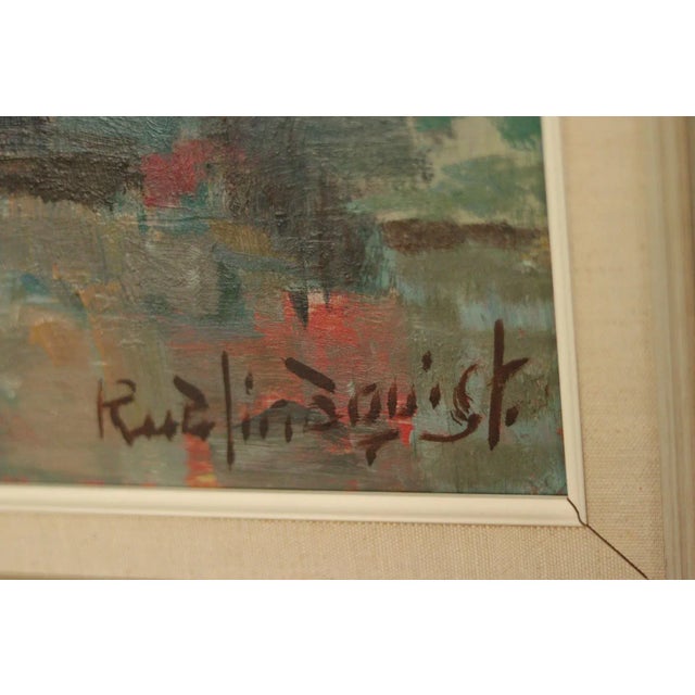 Mid-Century Modern R. Lindqvist, Fishing Boat at the Pier, 1960s, Oil on Panel, Framed For Sale - Image 3 of 11