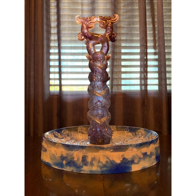 2000 - 2009 Liuli Fine Art Chinese Glass Sculpture “Holding Up Heaven” Blue and Purple For Sale - Image 5 of 13