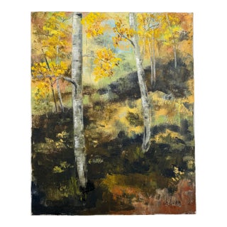 Vintage Traditional Impressionist Original Still LIfe Landscape "Aspens" Oil Painting on Canvas, Yellow, Mint Green, Black For Sale