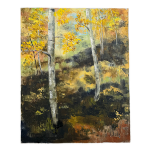 Vintage Traditional Impressionist Original Still LIfe Landscape "Aspens" Oil Painting on Canvas, Yellow, Mint Green, Black