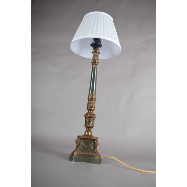 1950s Vintage Neoclassical Green and Brass Table Lamp with Pleated Shade, 1950s For Sale - Image 5 of 8