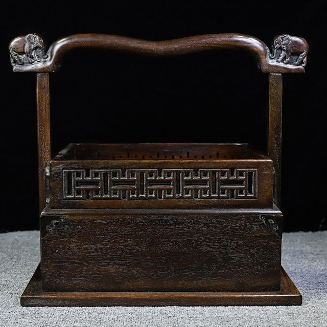 Brown Vintage Chinese Huali Rosewood Carved "Elephant" Handled Picnic Box / Tea Caddy For Sale - Image 8 of 9