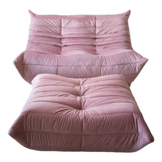 Set of Pink Pearl Velvet Togo Pouf and 2-Seat Sofa by Michel Ducaroy for Ligne Roset For Sale