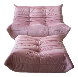 Set of Pink Pearl Velvet Togo Pouf and 2-Seat Sofa by Michel Ducaroy for Ligne Roset