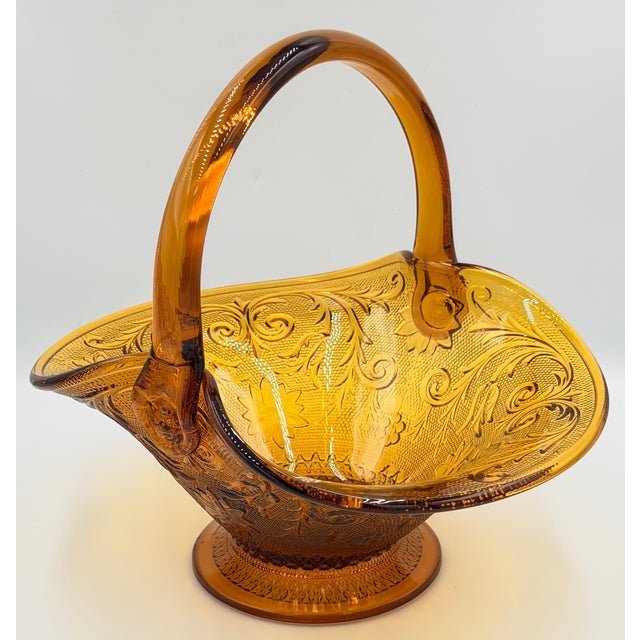 Mid-Century Modern Brockway Indiana Glass Large Tiara Amber Sandwich Handled Basket Signed j.t. For Sale - Image 3 of 10