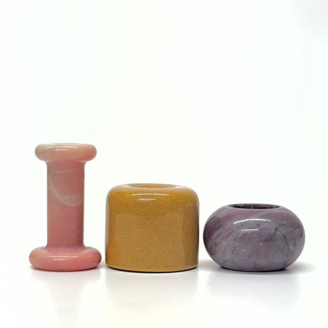 Mid-Century Modern Minimalist Style Stone & Ceramic Candle Holder Curation - Group of 3 For Sale - Image 3 of 11