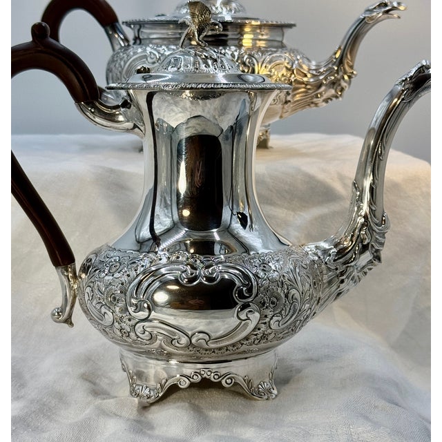 Silver Robert & Belk, Sheffield, England Antique Art Nouveau Sterling Silver Coffee Pot, Tea Pot and Sugar & Creamer Set With Rare Repousse Ornamentation For Sale - Image 8 of 12