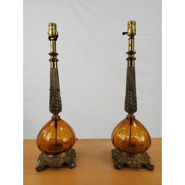 Amber 1960s Mid-Century Hollywood Regency Style Amber Glass Table Lamps - a Pair For Sale - Image 8 of 8