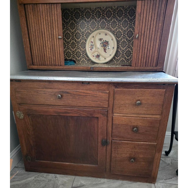 Antique Oak Hoosier Kitchen Cabinet With Slide-Out Zinc Counter & Tambour Doors For Sale - Image 4 of 9